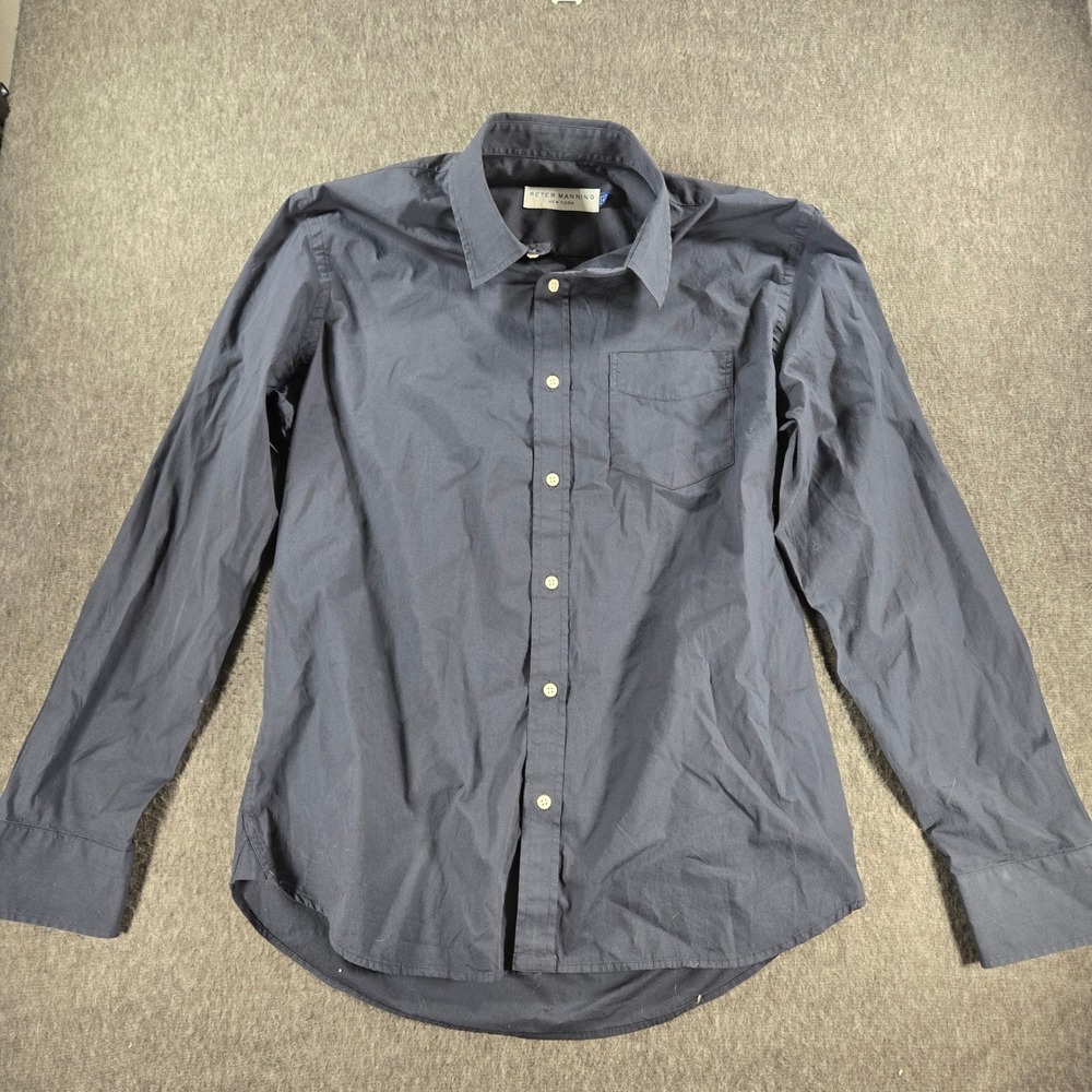 Peter Manning Button Down Shirt Mens 4 Navy Blue Long Sleeve Pocket Tailored